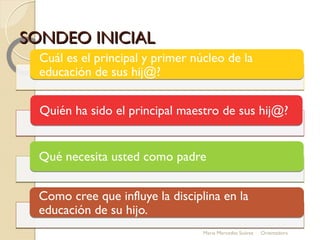 SONDEO INICIALSONDEO INICIAL
Cuál es el principal y primer núcleo de la
educación de sus hij@?
Cuál es el principal y primer núcleo de la
educación de sus hij@?
Quién ha sido el principal maestro de sus hij@?Quién ha sido el principal maestro de sus hij@?
Qué necesita usted como padreQué necesita usted como padre
Como cree que influye la disciplina en la
educación de su hijo.
Como cree que influye la disciplina en la
educación de su hijo.
María Mercedes Suárez Orientadora
 
