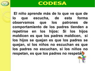 El niño aprende más de lo que ve que de
lo que escucha, de esta forma
observamos que los patrones de
comportamiento de los padres tienden a
repetirse en los hijos: Si los hijos
maldicen es que los padres maldicen, si
los hijos se quejan es que los padres se
quejan, si los niños no escuchan es que
los padres no escuchan, si los niños no
respetan, es que los padres no respetan.
 