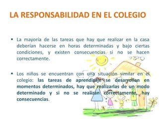 LA RESPONSABILIDAD EN EL COLEGIO
 La mayoría de las tareas que hay que realizar en la casa
deberían hacerse en horas determinadas y bajo ciertas
condiciones, y existen consecuencias si no se hacen
correctamente.
 Los niños se encuentran con una situación similar en el
colegio: las tareas de aprendizaje se desarrollan en
momentos determinados, hay que realizarlas de un modo
determinado y si no se realizan correctamente, hay
consecuencias.
 