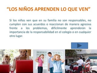 “LOS NIÑOS APRENDEN LO QUE VEN”
Si los niños ven que en su familia no son responsables, no
cumplen con sus acuerdos o reaccionan de manera agresiva
frente a los problemas, difícilmente aprenderán la
importancia de la responsabilidad en el colegio o en cualquier
otro lugar.
 