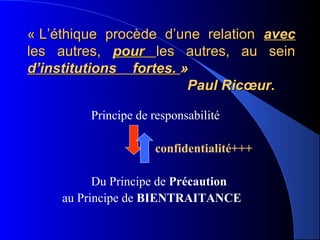 « L’éthique procède d’une relation avec
les autres, pour les autres, au sein
d’institutions fortes. »
                        Paul Ricœur.

          Principe de responsabilité

                      confidentialité+++

           Du Principe de Précaution
     au Principe de BIENTRAITANCE
 