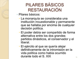 PILARES BÁSICOS RESTAURACIÓNPilares básicos: La monarquía se consideraba una institución incuestionable y permanente que se hallaba por encima de cualquier decisión política.El poder debía ser compartido de forma alternativa entre los dos grandes partidos dinásticos, el conservador y el liberal.El ejército al que se quería alejar definitivamente de la intromisión en la vida política como había ocurrido durante todo el S. XIX16