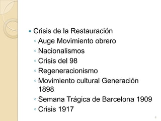 Crisis de la RestauraciónAuge Movimiento obreroNacionalismosCrisis del 98RegeneracionismoMovimiento cultural Generación 1898Semana Trágica de Barcelona 1909Crisis 19176