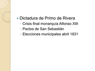 Dictadura de Primo de RiveraCrisis final monarquía Alfonso XIIIPactos de San SebastiánElecciones municipales abril 19317