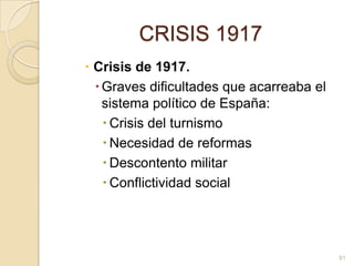 CRISIS 1917Crisis de 1917. Graves dificultades que acarreaba el sistema político de España:Crisis del turnismo Necesidad de reformasDescontento militar Conflictividad social81