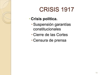 CRISIS 1917Crisis política. Suspensión garantías constitucionalesCierre de las CortesCensura de prensa83
