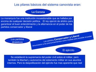 Los pilares básicos del sistema canovista eran: La monarquía fue una institución incuestionable que se hallaba por encima de cualquier decisión política.  El rey ejerció de árbitro para garantizar el buen entendimiento y la alternancia en el poder de los partidos conservador y liberal Los partidos  Conservador y Liberal   renunciaron a los pronunciamientos como medida para acceder al poder . El ejército Se estableció la supremacía del poder civil sobre el militar, pero también la libertad y autonomía del estamento militar en sus asuntos internos. Pero la despolitización del ejército fue mas aparente que real La Corona Los partidos dinásticos 