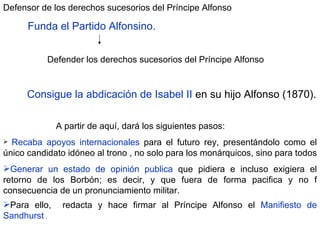Defensor de los derechos sucesorios del Príncipe Alfonso Funda el Partido Alfonsino.  Defender los derechos sucesorios del Príncipe Alfonso Consigue la abdicación de Isabel II  en su hijo Alfonso (1870). A partir de aquí, dará los siguientes pasos: Recaba apoyos internacionales  para el futuro rey, presentándolo como el único candidato idóneo al trono , no solo para los monárquicos, sino para todos  Generar un estado de opinión   publica  que pidiera e incluso exigiera el retorno de los Borbón; es decir, y que fuera de forma pacifica y no f consecuencia de un pronunciamiento militar.  Para ello,  redacta y hace firmar al Príncipe Alfonso el  Manifiesto de Sandhurst  .  