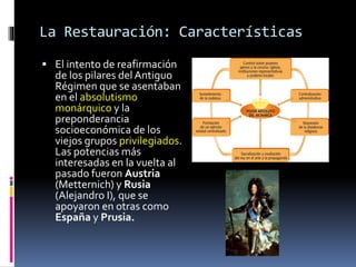 La Restauración: Características
 El intento de reafirmación
de los pilares del Antiguo
Régimen que se asentaban
en el absolutismo
monárquico y la
preponderancia
socioeconómica de los
viejos grupos privilegiados.
Las potencias más
interesadas en la vuelta al
pasado fueron Austria
(Metternich) y Rusia
(Alejandro I), que se
apoyaron en otras como
España y Prusia.
 