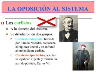 LA OPOSICIÓN AL SISTEMA

   Los carlistas.
       A la derecha del sistema.
       Se dividieron en dos grupos:
           Corriente integrista, liderada
            por Ramón Nocedal, rechazaba
            el régimen liberal y se enfrentó
            al pretendiente carlista.
           Corriente aperturista, aceptan
            la legalidad vigente y forman un
            partido político. Carlos VII.
 