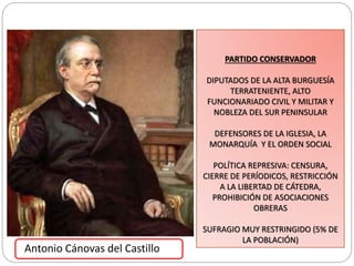 PARTIDO CONSERVADOR
DIPUTADOS DE LA ALTA BURGUESÍA
TERRATENIENTE, ALTO
FUNCIONARIADO CIVIL Y MILITAR Y
NOBLEZA DEL SUR PEN...