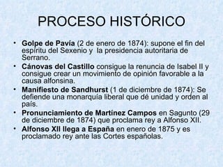PROCESO HISTÓRICO Golpe de Pavía  (2 de enero de 1874): supone el fin del espíritu del Sexenio y  la presidencia autoritaria de Serrano. Cánovas del Castillo  consigue la renuncia de Isabel II y consigue crear un movimiento de opinión favorable a la causa alfonsina. Manifiesto de Sandhurst  (1 de diciembre de 1874): Se defiende una monarquía liberal que dé unidad y orden al país. Pronunciamiento de Martínez Campos  en Sagunto (29 de diciembre de 1874) que proclama rey a Alfonso XII. Alfonso XII llega a España  en enero de 1875 y es proclamado rey ante las Cortes españolas. 