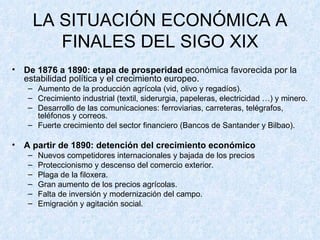 LA SITUACIÓN ECONÓMICA A FINALES DEL SIGO XIX De 1876 a 1890: etapa de prosperidad  económica favorecida por la estabilidad política y el crecimiento europeo. Aumento de la producción agrícola (vid, olivo y regadíos). Crecimiento industrial (textil, siderurgia, papeleras, electricidad …) y minero. Desarrollo de las comunicaciones: ferroviarias, carreteras, telégrafos, teléfonos y correos. Fuerte crecimiento del sector financiero (Bancos de Santander y Bilbao). A partir de 1890: detención del crecimiento económico Nuevos competidores internacionales y bajada de los precios Proteccionismo y descenso del comercio exterior. Plaga de la filoxera. Gran aumento de los precios agrícolas. Falta de inversión y modernización del campo. Emigración y agitación social. 