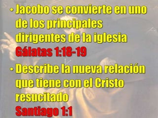 Jacobo se convierte en uno de los principales dirigentes de la iglesia                          Gálatas 1:18-19Describe la nueva relación que tiene con el Cristo resucitado                                          Santiago 1:1