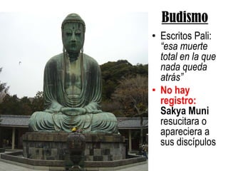 BudismoEscritos Pali: “esa muerte total en la que nada queda atrás”No hay registro: SakyaMuniresucitara o apareciera a sus discípulos