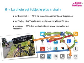 6→ La photo est l’objet le plus « viral »
♦ sur Facebook : +120 % de taux d’engagement pour les photos
♦ sur Twitter : les Tweets avec photo sont retwittées 2X plus
♦ Instagram : 60% des photos Instagram sont partagées sur
facebook
 