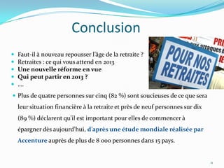 Conclusion
   Faut-il à nouveau repousser l’âge de la retraite ?
   Retraites : ce qui vous attend en 2013
   Une nouvelle réforme en vue
   Qui peut partir en 2013 ?
   ….
 Plus de quatre personnes sur cinq (82 %) sont soucieuses de ce que sera
    leur situation financière à la retraite et près de neuf personnes sur dix
    (89 %) déclarent qu’il est important pour elles de commencer à
    épargner dès aujourd’hui, d’après une étude mondiale réalisée par
    Accenture auprès de plus de 8 000 personnes dans 15 pays.


                                                                                11
 