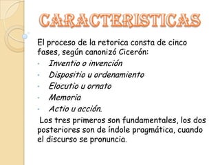 El proceso de la retorica consta de cinco
fases, según canonizó Cicerón:
•   Inventio o invención
•   Dispositio u ordenamiento
•   Elocutio u ornato
•   Memoria
•   Actio u acción.
 Los tres primeros son fundamentales, los dos
posteriores son de índole pragmática, cuando
el discurso se pronuncia.
 
