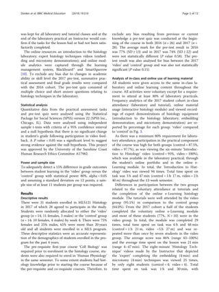 was kept for all laboratory and tutorial classes and at the
end of the laboratory practical an Instructor would con-
firm if the tasks for the lesson had or had not been satis-
factorily completed.
The online resources: an introduction to the histology
laboratory; expert histology techniques videos (embed-
ding and microtomy demonstrations); and online mod-
ule analytics were captured through the learning
management system, Blackboard™ and SmartSparrow
[10]. To exclude any bias due to changes in academic
ability or skill level the 2017 pre-test, summative prac-
tical assessment and final grade results were compared
with the 2016 cohort. The pre-test quiz consisted of
multiple choice and short answer questions relating to
histology techniques in the laboratory.
Statistical analysis
Quantitative data from the practical assessment tasks
and pre-test quiz were analysed using the Statistical
Package for Social Sciences (SPSS) version 22 (SPSS Inc.,
Chicago, IL). Data were analysed using independent
sample t-tests with criteria of a 95% confidence interval
and a null hypothesis that there is no significant change
in student’s grade following participation in video feed-
back. A P value < 0.05 was a significant level to suggest
strong evidence against the null hypothesis. This project
was approved by the University of the Sunshine Coast
Human Research Ethics Committee A17982.
Power and sample size
To adequately detect a 15% difference in grade outcomes
between student learning in the ‘video’ group versus the
‘control’ group with statistical power 80%, alpha = 0.05
and assuming a standard deviation on 12 points, a sam-
ple size of at least 11 students per group was required.
Results
Descriptive results
There were 31 students enrolled in MLS121 Histology
in 2017 of which 28 agreed to participate in the study.
Students were randomly allocated to either the ‘video’
group (n = 14; 11 females, 3 males) or the ‘control’ group
(n = 14; 10 females, 4 males) by week 4. There were 75%
females and 25% males, 65% were more than 20 years
old and all students were enrolled in a MLS program.
These descriptive statistics were an accurate representa-
tion of the demographics of students enrolled in the pro-
gram for the past 4 years.
The pre-requisite first-year course ‘Cell Biology’ was
required prior to enrolment in the histology course, stu-
dents were also required to enrol in ‘Human Physiology’
in the same semester. To some extent students had hist-
ology knowledge prior to starting the course because of
the pre-requisite and co-requisite courses. Therefore, to
exclude any bias resulting from previous or current
knowledge a pre-test quiz was conducted at the begin-
ning of the course in both 2016 (n = 26) and 2017 (n =
28). The average mark for the pre-test result in 2016
was 77% (SD ± 13) and in 2017 was 74% (SD ± 22) and
were not statistically different (P value 0.58). The pre-
test result was also analysed for bias between the 2017
‘video’ and ‘control’ group and was also not statistically
significant (P value 0.15).
Analysis of in-class and online use of learning material
All students were given access to the same in-class la-
boratory and online learning content throughout the
course. All activities were voluntary except for a require-
ment to attend at least 80% of laboratory practicals.
Frequency analytics of the 2017 student cohort in-class
attendance (laboratory and tutorial), online material
usage (interactive histology module) and viewed record-
ings of expert demonstrations of histology equipment
(introduction to the histology laboratory; embedding
demonstration; and microtomy demonstration) are re-
ported by percentage for each group: ‘video’ compared
to ‘control’ in Fig. 3.
As there was a minimum 80% requirement for labora-
tory attendance, participation in the practical component
of the course was high for both groups (control = 87.5%,
video = 97.7%), as was viewing the six-minute ‘Introduc-
tion to Histology’ video (control = 93%, video = 100%),
which was available in the laboratory practical, through
the student’s online portfolio and in the online e-
Learning module. In total, the ‘Introduction to Hist-
ology’ video was viewed 94 times. Total time spent on
task was 3 h and 47 min (control = 1 h 17 m, video = 2 h
40 m) throughout the 13-week semester.
Differences in participation between the two groups
related to the voluntary attendance at tutorials and
the completion of the online e-Learning histology
module. The tutorials were well attended by the video
group (95.1%) in comparison to the control group
(64.0%). From the 2017 cohort a half of the students
completed the voluntary online e-Learning module
and most of these students (77%, N = 10) were in the
video group. In total, the module was completed 29
times, total time spent on task was 6 h and 48 min
(control = 1 h 21 m, video =5 h 27 m) and was re-
peated more than once by seven students in the video
group. The average score was 86% (range 43–100%)
and the average time spent on the lesson was 21 min
(range 4–47 min). The eight-minute ‘Histology Tech-
nique’ videos made by the Instructor that depicted
the ‘expert’ completing the embedding (4 min) and
microtomy (4 min) techniques was viewed 25 times,
by only eight students (control = 4; video = 4). Total
time spent on task was 1 h and 30 min, with
Donkin et al. BMC Medical Education (2019) 19:310 Page 5 of 12
 