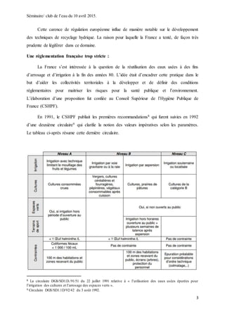 Séminaire/ club de l’eau du 10 avril 2015.
3
Cette carence de régulation européenne influe de manière notable sur le développement
des techniques de recyclage hydrique. La raison pour laquelle la France a tenté, de façon très
prudente de légiférer dans ce domaine.
Une réglementation française trop stricte :
La France s’est intéressée à la question de la réutilisation des eaux usées à des fins
d’arrosage et d’irrigation à la fin des années 80. L’idée était d’encadrer cette pratique dans le
but d’aider les collectivités territoriales à la développer et de définir des conditions
réglementaires pour maitriser les risques pour la santé publique et l’environnement.
L’élaboration d’une proposition fut confiée au Conseil Supérieur de l’Hygiène Publique de
France (CSHPF).
En 1991, le CSHPF publiait les premières recommandations8 qui furent suivies en 1992
d’une deuxième circulaire9 qui clarifie la notion des valeurs impératives selon les paramètres.
Le tableau ci-après résume cette dernière circulaire.
8 La circulaire DGS/SD1.D./91/51 du 22 juillet 1991 relative à « l’utilisation des eaux usées épurées pour
l’irrigation des cultures et l’arrosage des espaces verts ».
9 Circulaire DGS/SD1.1D/92/42 du 3 août 1992.
 