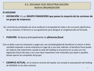 El HOLDING
• DEFINICIÓN. Es un GRUPO FINANCIERO que posee la mayoría de las acciones de
un grupo de empresas.
Así, controla las actividades de otras mediante la propiedad de todas o de una parte significativa
de sus acciones. El término se usa igualmente para designar al conglomerado así formado.
• FUNCIÓN. Se busca principalmente la eficiencia fiscal.
Esto se debe a que los impuestos a pagar por una cantidad global de beneficios es menor si dicha
cantidad responde a varias empresas en lugar de a una sola. Además, el beneficio fiscal puede
ser todavía más importante cuando la sede del holding se encuentra en un país con una
legislación fiscal más laxa o con unos tipos impositivos más reducidos que aquél o aquéllos
donde operan las compañías del grupo.
• EJEMPLO ACTUAL. En la historia reciente de España, fue sonada la expropiación del holding
de RUMASA en los años ochenta.
72
6.3. SEGUNDA FASE INDUSTRIALIZACIÓN:
NUEVA ORGANIZACIÓN
 