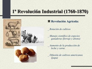 1º Revolución Industrial (1760-1870) Revolución Agrícola: _ Rotación de cultivos _ Manejo científico de especies ganaderas (forraje y abono) _ Aumento de la producción de leche y carne. _ Difusión de cultivos americanos (papa) 
