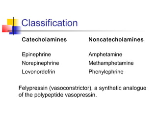 Classification 
Catecholamines Noncatecholamines 
Epinephrine 
Amphetamine 
Norepinephrine 
Methamphetamine 
Levonordefrin 
Phenylephrine 
Felypressin (vasoconstrictor), a synthetic analogue 
of the polypeptide vasopressin. 
 