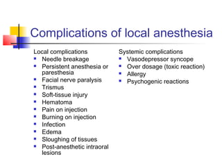 Complications of local anesthesia 
Local complications 
 Needle breakage 
 Persistent anesthesia or 
paresthesia 
 Facial nerve paralysis 
 Trismus 
 Soft-tissue injury 
 Hematoma 
 Pain on injection 
 Burning on injection 
 Infection 
 Edema 
 Sloughing of tissues 
 Post-anesthetic intraoral 
lesions 
Systemic complications 
 Vasodepressor syncope 
 Over dosage (toxic reaction) 
 Allergy 
 Psychogenic reactions 
 