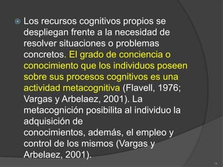    Los recursos cognitivos propios se
    despliegan frente a la necesidad de
    resolver situaciones o problemas
    concretos. El grado de conciencia o
    conocimiento que los individuos poseen
    sobre sus procesos cognitivos es una
    actividad metacognitiva (Flavell, 1976;
    Vargas y Arbelaez, 2001). La
    metacognición posibilita al individuo la
    adquisición de
    conocimientos, además, el empleo y
    control de los mismos (Vargas y
    Arbelaez, 2001).
                                               14
 