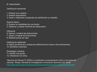 B. Capacidades

Clarificación elemental

1. Enfocar una cuestión.
2. Analizar argumentos.
3. Hacer y responder a preguntas de clarificación y/o desafío.

Soporte básico
4. Evaluar la credibilidad de una fuente.
5. Observar y evaluar informes de observación.

Inferencia
6. Deducir y evaluar las deducciones.
7. Inducir y evaluar las inducciones.
8. Realizar juicios de valor.

Clarificación elaborada
9. Definir los términos y evaluar las definiciones en base a tres dimensiones.
10. Identificar creencias.

Estrategias y tácticas
11. Decidir una acción.
12. Interactuar con otros.

 Maurícia de Oliveira P. (2005).La creatividad, el pensamiento crítico y los textos de
ciencias. Tarbiya, Revista de Investigación e Innovación Educativa,36, 59-80
http://web.uam.es/servicios/apoyodocencia/ice/tarbiya/pdf/revistas/Tarbiya036.pdf


                                                                                         17
 