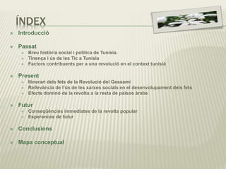 ÍNDEX
 Introducció
 Passat
 Breu història social i política de Tunísia.
 Tinença i ús de les Tic a Tunísia
 Factors contribuents per a una revolució en el context tunisià
 Present
 Itinerari dels fets de la Revolució del Gessamí
 Rellevància de l’ús de les xarxes socials en el desenvolupament dels fets
 Efecte dominó de la revolta a la resta de països àrabs
 Futur
 Conseqüències immediates de la revolta popular
 Esperances de futur
 Conclusions
 Mapa conceptual
 
