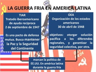 LA GUERRA FRIA EN AMERICA LATINAOEA Organización de los estados americanos30 de abril de 1948objetivos: otorgar solución pacífica a los diferendos regionales, y garantizar la seguridad colectiva, por otra.TIARTratado iberoamericano de ayuda reciproca2 de septiembre de 1947Es una pacto de defensa mutua. Busca mantener   la Paz y la Seguridad del Continentemarcan la política de EE.UU. En américa latina durante la guerra fría
