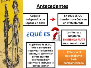 AntecedentesEn 1901 EE.UU transforma a Cuba en un ProtectoradoCuba se independiza de España en 1898¿QUÉ ESLos fuerza a adoptar la ENMIENDA PLATT en su constitución El gobierno de EE.UU. Tenia el derecho de supervisar la economía cubana, así como vetar por los acuerdos internacionales y supervisar e intervenir la política interiorPotencia el nacionalismo