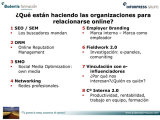 ¿Qué están haciendo las organizaciones para
              relacionarse online?
1 SEO / SEM                     5 Employer Branding
  Los buscadores mandan          Marca interna – Marca como
                                   empleador
2 ORM
  Online Reputation            6 Fieldwork 2.0
   Management                      Investigación: e-paneles,
                                    comuniting
3 SMO
  Social Media Optimization:   7 Vinculación con e-
   own media                        influenciadores
                                   ¿Por qué nos
4 Networking                        interesan?¿Quién es quién?
  Redes profesionales
                                8 Cº Interna 2.0
                                  Productividad, rentabilidad,
                                   trabajo en equipo, formación
 