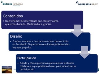 Contenidos
• Qué tenemos de interesante que contar y cómo
  queremos hacerlo. Multimedia sí, gracias.



     Diseño
     • Fondos, avatares e ilustraciones clave para el éxito
       en Facebook. Si queremos resultados profesionales
       hay que pagarlos.


           Participación
           • Dónde y cómo queremos que nuestros visitantes
             colaboren y qué podemos hacer para incentivar su
             participación
 