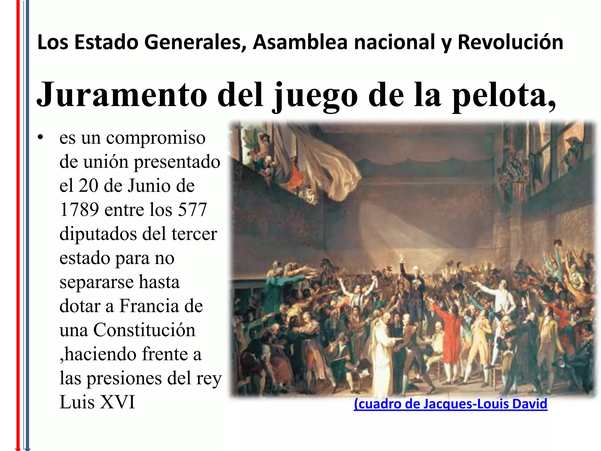 Los Estado Generales, Asamblea nacional y Revolución

Juramento del juego de la pelota,
• es un compromiso
  de unión presentado
  el 20 de Junio de
  1789 entre los 577
  diputados del tercer
  estado para no
  separarse hasta
  dotar a Francia de
  una Constitución
  ,haciendo frente a
  las presiones del rey
  Luis XVI                     (cuadro de Jacques-Louis David
 