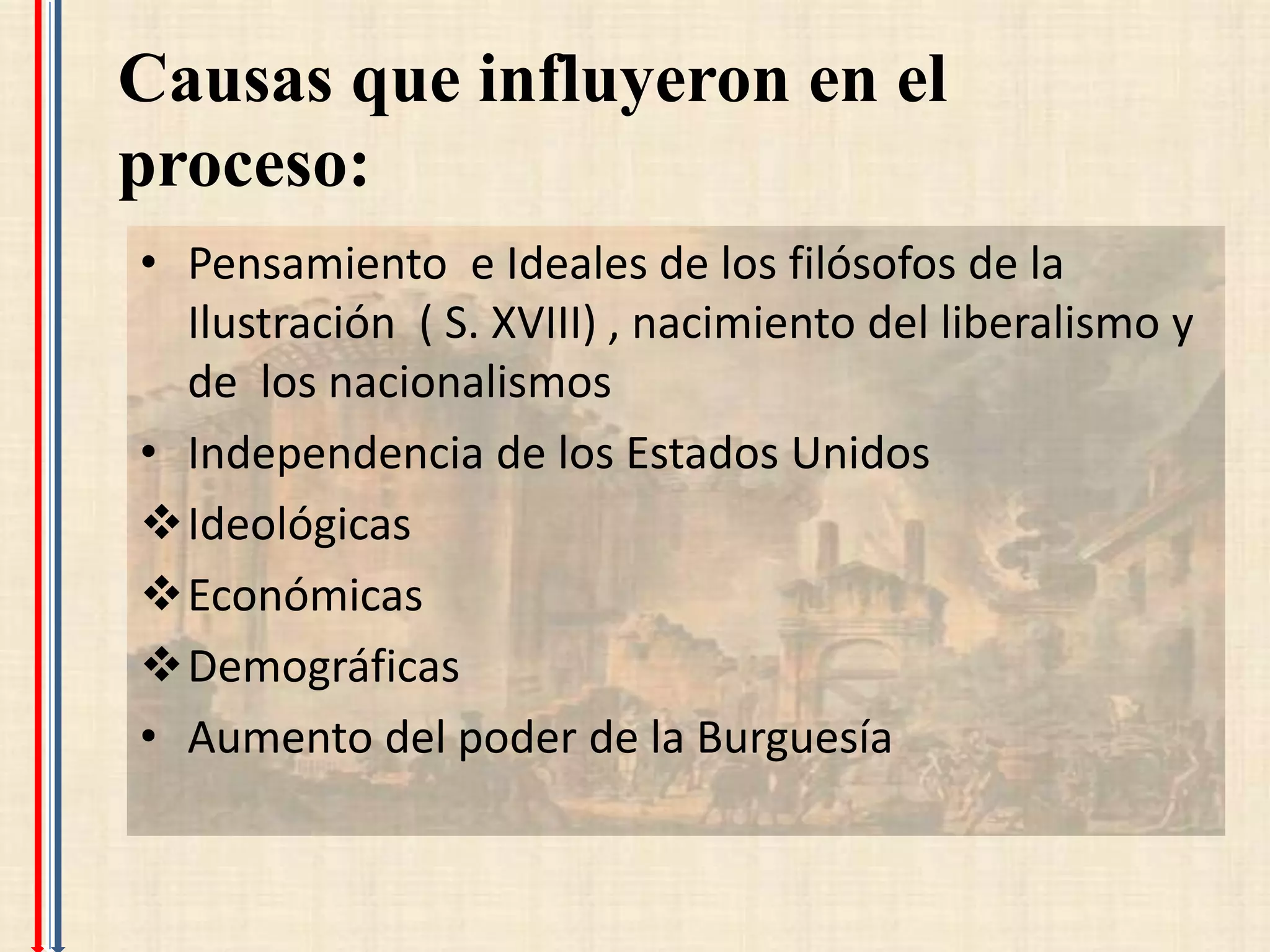 Causas que influyeron en el
proceso:
• Pensamiento e Ideales de los filósofos de la
  Ilustración ( S. XVIII) , nacimiento del liberalismo y
  de los nacionalismos
• Independencia de los Estados Unidos
Ideológicas
Económicas
Demográficas
• Aumento del poder de la Burguesía
 