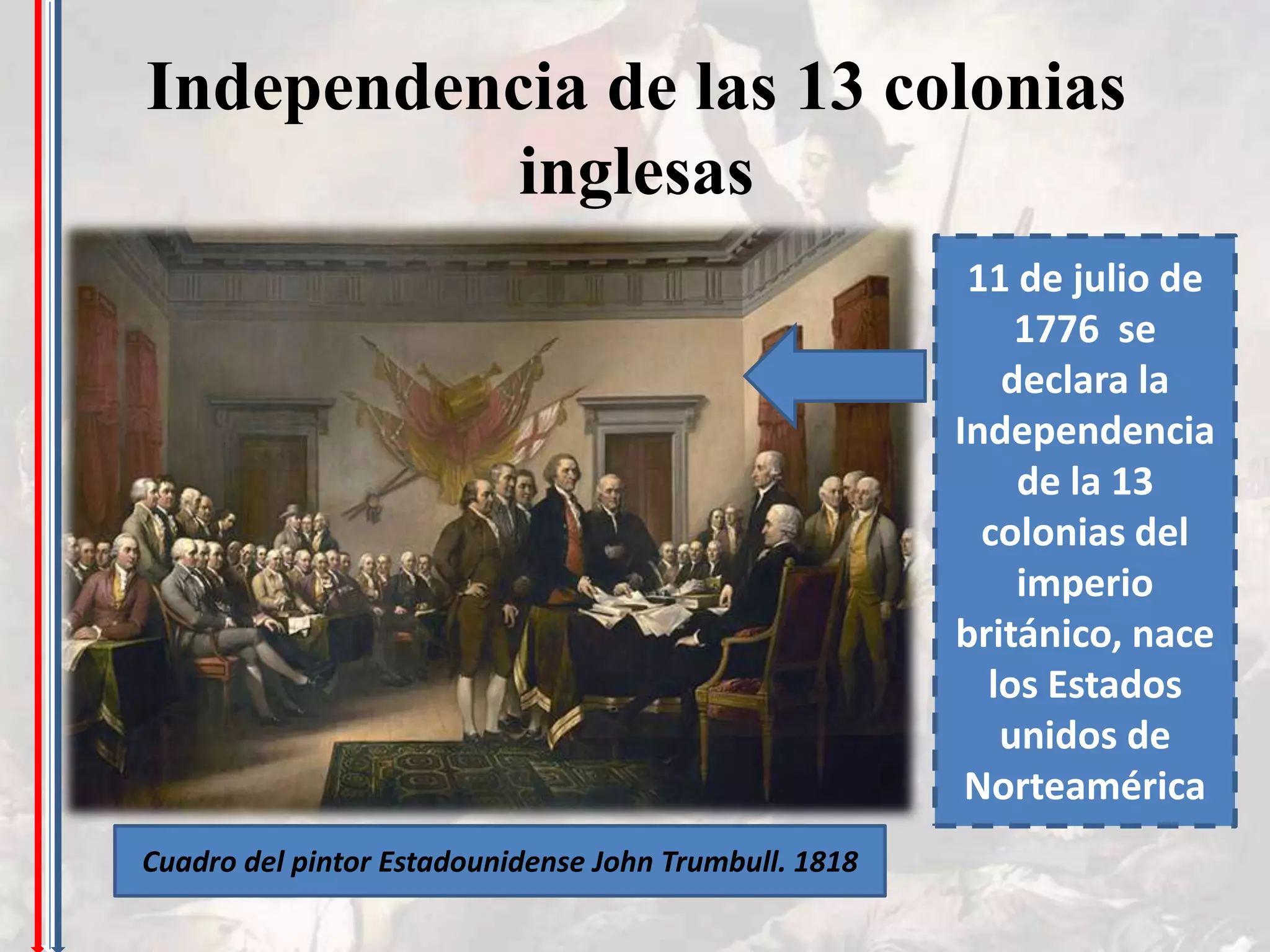 Independencia de las 13 colonias
           inglesas
                                                        11 de julio de
                                                           1776 se
                                                          declara la
                                                       Independencia
                                                           de la 13
                                                         colonias del
                                                           imperio
                                                       británico, nace
                                                         los Estados
                                                          unidos de
                                                        Norteamérica
Cuadro del pintor Estadounidense John Trumbull. 1818
 