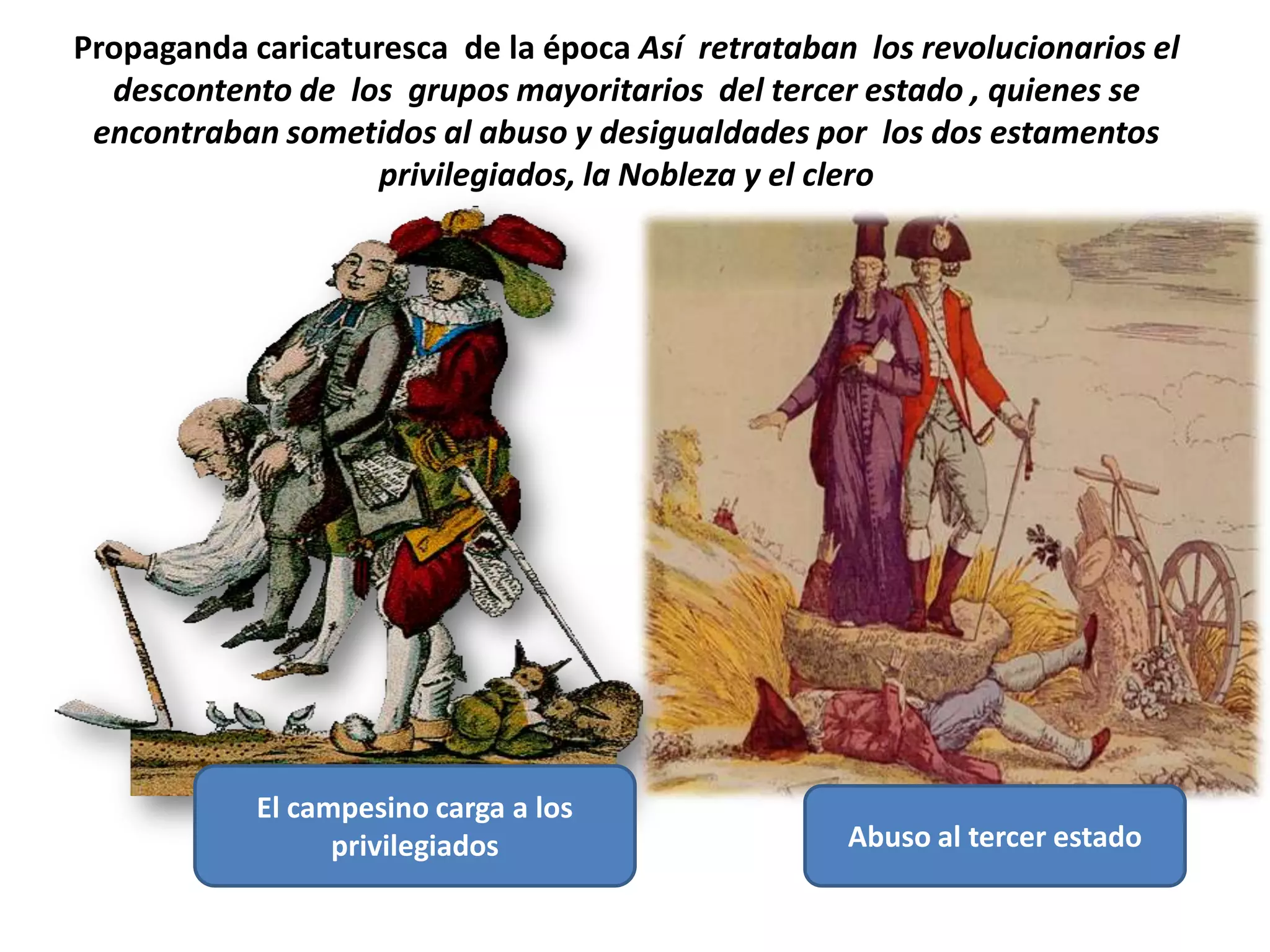 Propaganda caricaturesca de la época Así retrataban los revolucionarios el
  descontento de los grupos mayoritarios del tercer estado , quienes se
 encontraban sometidos al abuso y desigualdades por los dos estamentos
                    privilegiados, la Nobleza y el clero




            El campesino carga a los
                  privilegiados                    Abuso al tercer estado
 