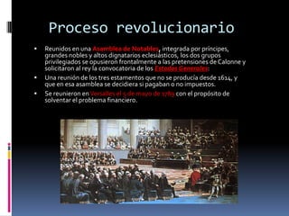 Proceso revolucionario





Reunidos en una Asamblea de Notables, integrada por príncipes,
grandes nobles y altos dignatarios eclesiásticos, los dos grupos
privilegiados se opusieron frontalmente a las pretensiones de Calonne y
solicitaron al rey la convocatoria de los Estados Generales:
Una reunión de los tres estamentos que no se producía desde 1614, y
que en esa asamblea se decidiera si pagaban o no impuestos.
Se reunieron en Versalles el 5 de mayo de 1789 con el propósito de
solventar el problema financiero.

 