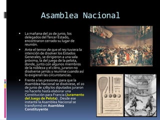 Asamblea Nacional






La mañana del 20 de junio, los
delegados del Tercer Estado,
encontraron cerrado su lugar de
reunión.
Ante el temor de que el rey tuviera la
intención de disolver los Estados
Generales, se dirigieron a una sala
próxima, la del juego de la pelota,
donde, junto con algunos miembros
de la nobleza y el clero, juraron no
disolverse jamás y reunirse cuando así
lo exigieran las circunstancias.
Frente a las presiones para que la
Asamblea Nacional se disolviese, el 20
de junio de 1789 los diputados juraron
no hacerlo hasta elaborar una
Constitución para Francia (Juramento
del Juego de Pelota) . Desde ese
instante la Asamblea Nacional se
transformó en Asamblea
Constituyente

 