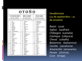 Vendémiaire
(22 de septiembre ~ 21
de octubre)
Raisin (uva)
Safran (azafrán)
Châtaigne (castaña)
Colchique (cólquico)
Cheval (caballo)
Balsamine (balsamina)
Carotte (zanahoria)
Amaranthe (amaranto)
Panais (chirivía)
Cuve (tinaja)
 