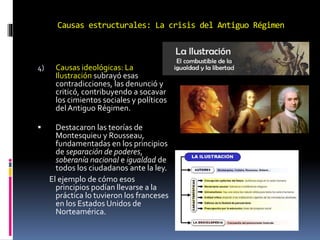 Causas estructurales: La crisis del Antiguo Régimen
4) Causas ideológicas: La
Ilustración subrayó esas
contradicciones, las denunció y
criticó, contribuyendo a socavar
los cimientos sociales y políticos
delAntiguo Régimen.
 Destacaron las teorías de
Montesquieu y Rousseau,
fundamentadas en los principios
de separación de poderes,
soberanía nacional e igualdad de
todos los ciudadanos ante la ley.
El ejemplo de cómo esos
principios podían llevarse a la
práctica lo tuvieron los franceses
en los Estados Unidos de
Norteamérica.
 