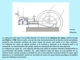 La utilización del vapor fue posible gracias al invento de la  máquina de vapor , perfeccionada por  Watt  en  1769 . Este...