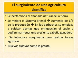 El surgimiento de una agricultura científica Se perfecciona el abonado natural de la tierra . Se mejora el Sistema Trienal    Aumento de 1/3 de la producción    En los barbechos se empieza a cultivar plantas que enriquecían el suelo o podían mantener una creciente cabaña ganadera. Se introduce maquinaria para realizar tareas agrícolas. Nuevos cultivos como la patata. 