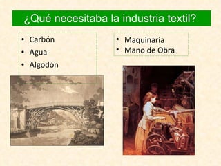 ¿Qué necesitaba la industria textil?  Carbón Agua Algodón Maquinaria Mano de Obra 