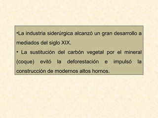 La industria siderúrgica alcanzó un gran desarrollo a mediados del siglo XIX. La sustitución del carbón vegetal por el mineral (coque) evitó la deforestación e impulsó la construcción de modernos altos hornos. 