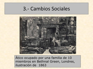 3.- Cambios Sociales Ático ocupado por una familia de 10 miembros en Bethnal Green, Londres, ilustración de  1863 