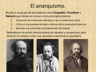 El anarquismo.
Reunió a un grupo de pensadores como Kropotkin, Proudhon y
Bakunin que tenían en común a tres principios básicos:
   1.   Exaltación de la libertad individual y de la solidaridad social.
   2.   Crítica a la propiedad privada y defensa de la propiedad colectiva.
   3.   Rechazo a la autoridad, principalmente del Estado.
Defendieron la acción revolucionaria de obreros y campesinos para
destruir el estado y crear una sociedad colectivista e igualitaria.
 