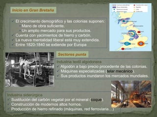 Inicio en Gran Bretaña
 El crecimiento demográfico y las colonias suponen:
• Mano de obra suficiente.
• Un amplio mercado para sus productos.
 Cuenta con yacimientos de hierro y carbón.
 La nueva mentalidad liberal está muy extendida.
 Entre 1820-1840 se extiende por Europa
Sectores punta
Industria textil algodonera
 Algodón a bajo precio procedente de las colonias.
 Máquinas especializadas (telar mecánico).
 Sus productos inundaron los mercados mundiales.
Industria siderúrgica
 Sustitución del carbón vegetal por el mineral (coque).
 Construcción de modernos altos hornos.
 Producción de hierro refinado (máquinas, red ferroviaria…)
 